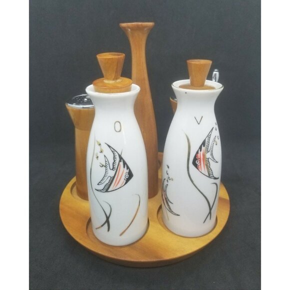 Woodpecker WoodWare Condiment Caddy Angel Fish Cruet Set Mid Century - Picture 3 of 12